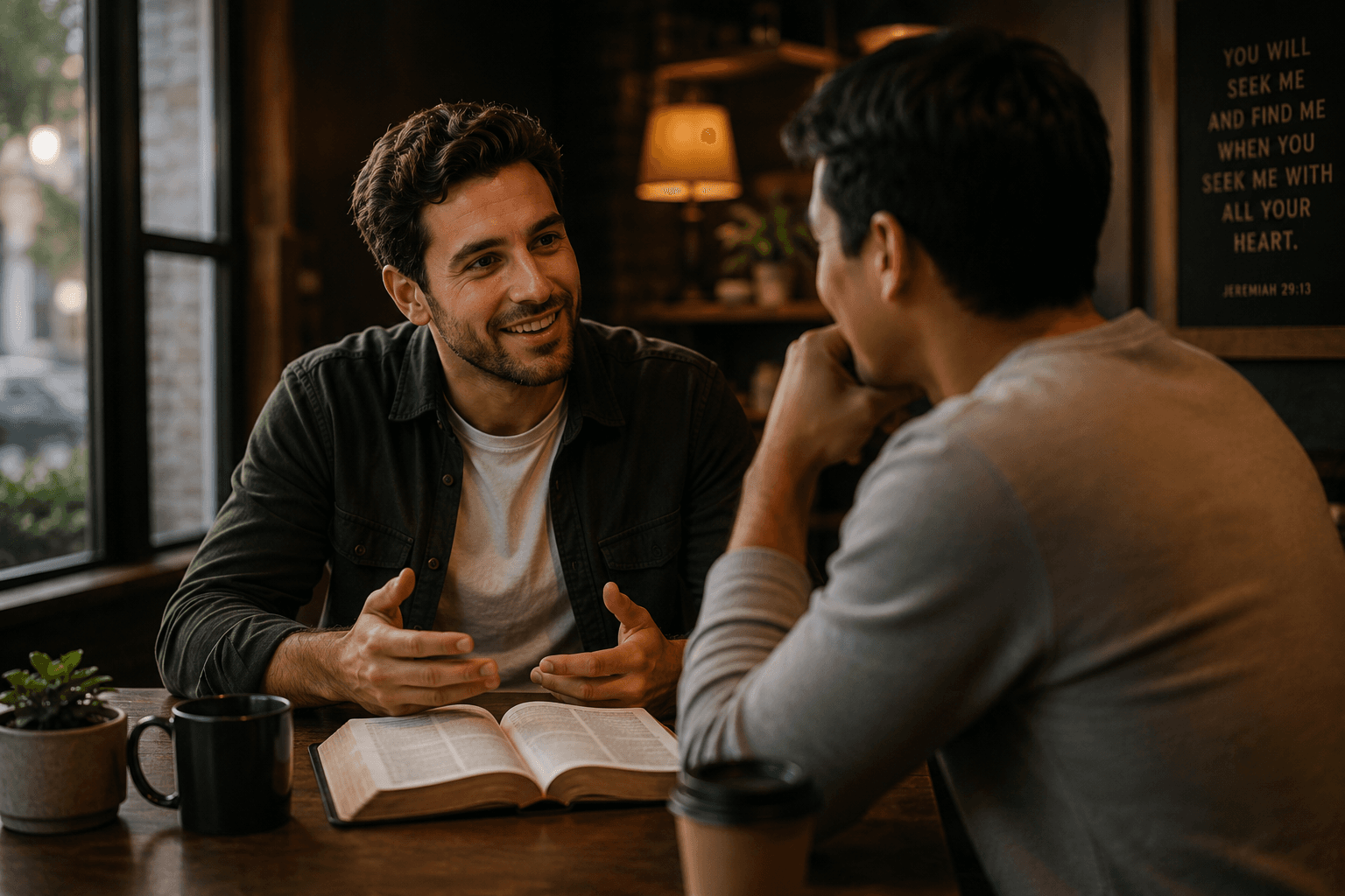 Two people discussing the Gospel with an open Bible
